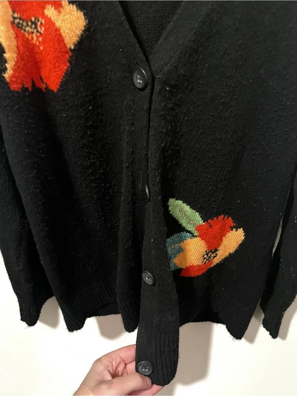 CAbi Black Floral Button-Front Cardigan with Red and Orange Flowers Size Small - Picture 4 of 9